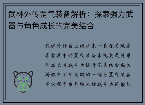武林外传罡气装备解析：探索强力武器与角色成长的完美结合